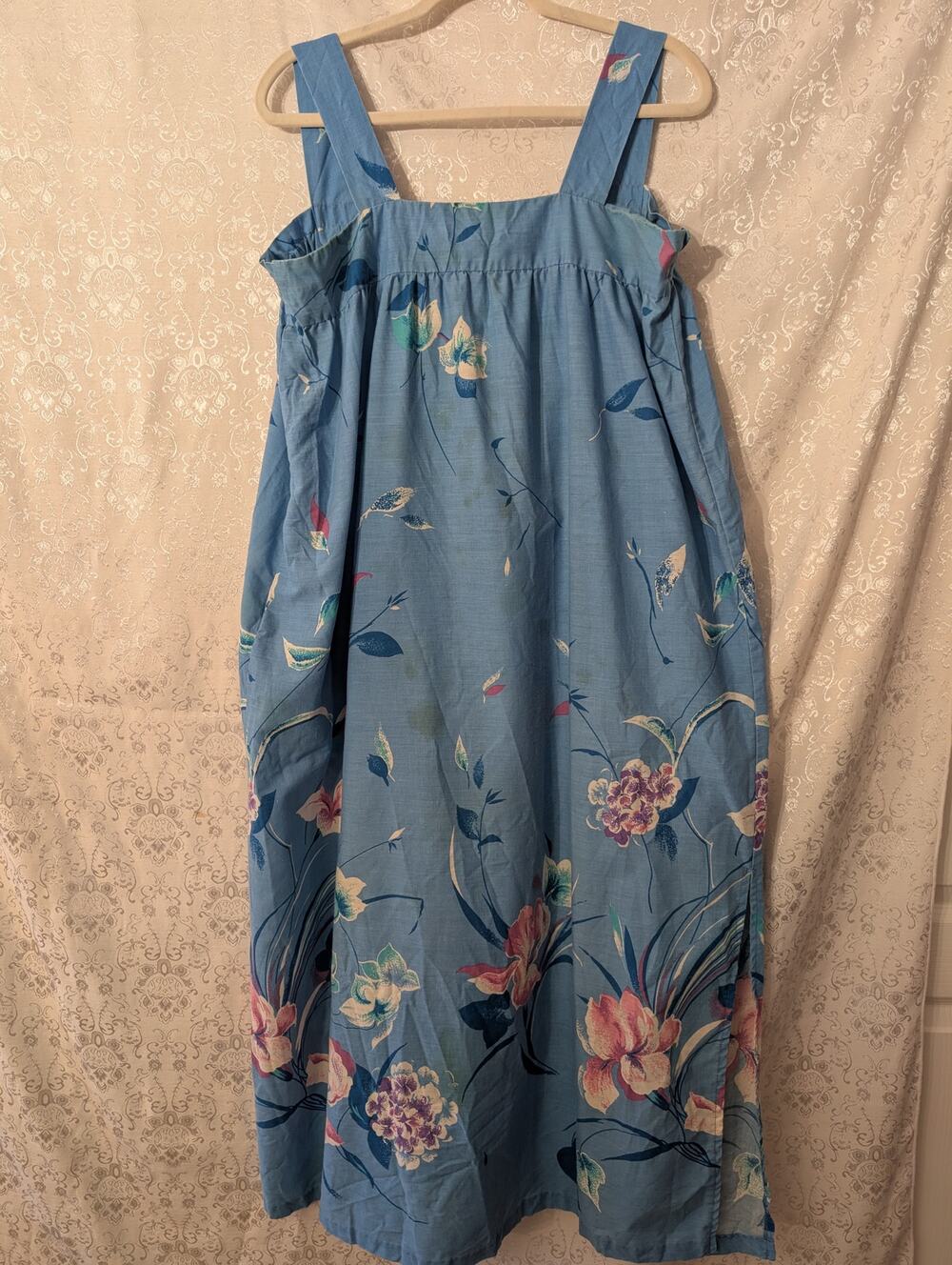 Vintage 70s Floral Pinafore Maxi Sundress Blue Wide Strap Pockets